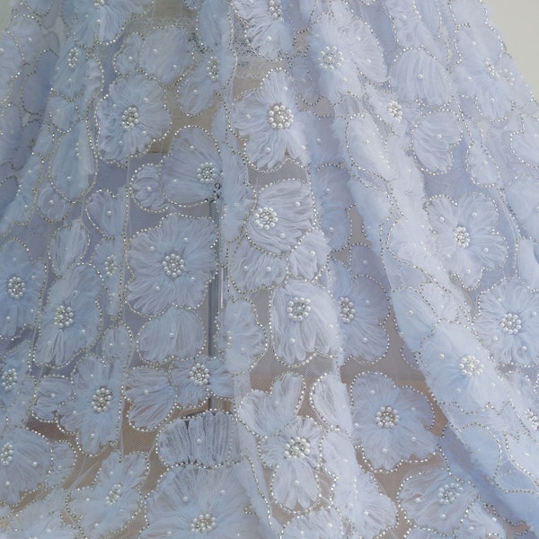 Exquisite 3d Flower Tulle Fabric, Beaded Flower Embroidery Tulle Lace Fabric For Evening Gown, Wedding Dress, Party Dress, Costume, Garments