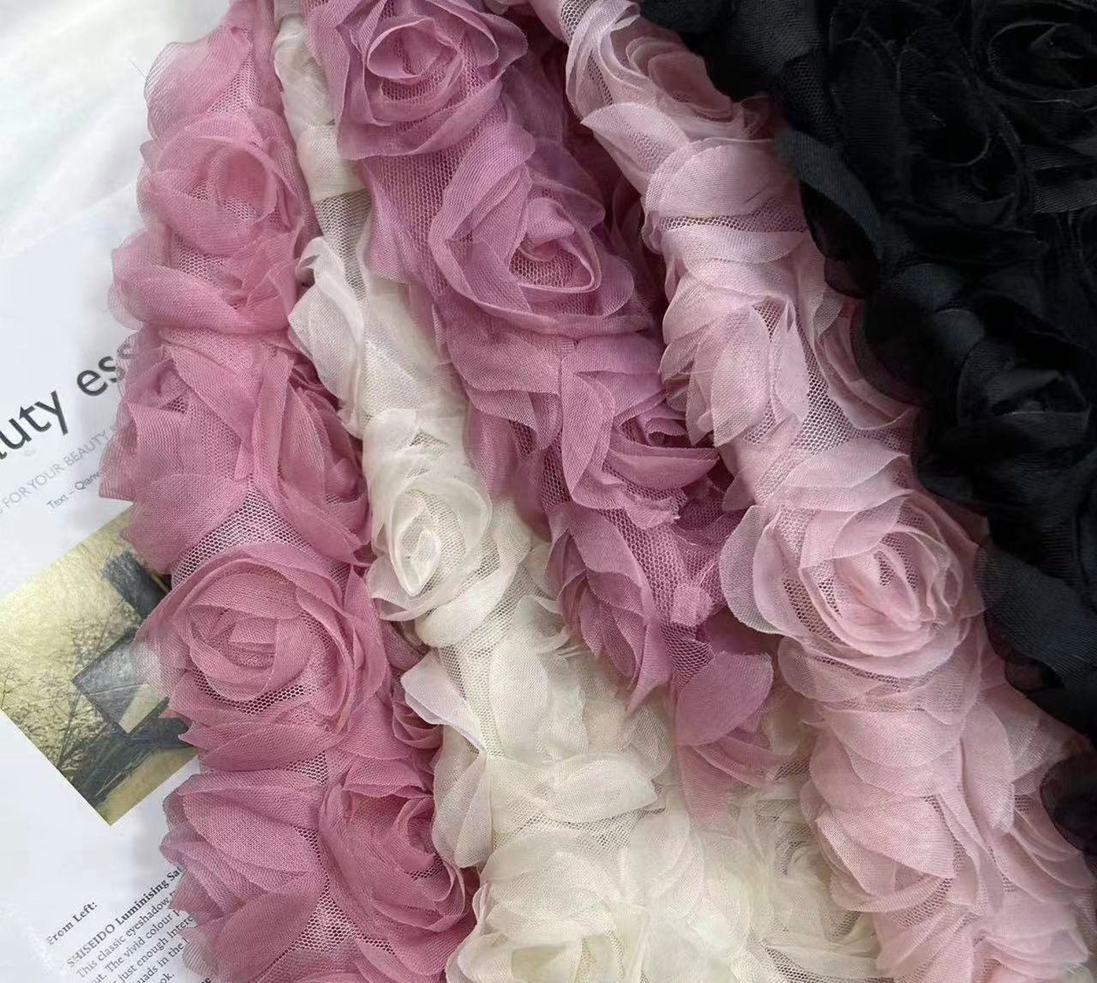 3d Blossom Roses Tulle Fabric , Floral Embroidery Fabric for Evening ...