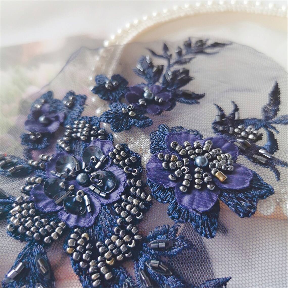 Navy Blue Lace Applique 3d Lace Applique With Beads Beaded Etsy