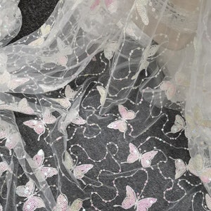 Iridescent Sequin Butterfly Embroidery Lace Fabric, Butterflies Tulle Netting Fabric, Bridal Dress Lace, Birthday Dress Fabric, New