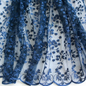 Navy Blue Floral Embroidery Tulle Lace Fabric, Vintage Navy Lace Fabric ...