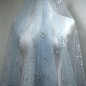 Light Blue Tulle Fabric Glitter Print Ice Snowflake Lace Fabric for DIY Doll Dress, Veil, Headband, Tutu Baby Dress