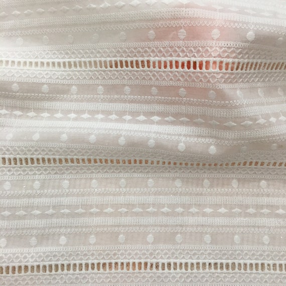 Cotton Lace Fabric in off white, Stripe Embroidery Lace Fabric, Hollowed Cotton Fabric for Lady Shirt, Bridal Dress, Curtains