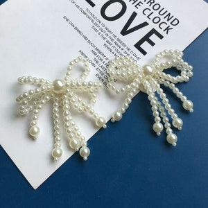 Beige Pearl Bow Tie Applique, Pearls Beaded Bow Knot Applique Decor for Earrings, Hairbands, Bags, Dress, Gown, Tops, Costume, Crafts