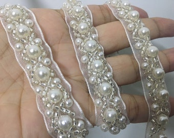 Pearl Beaded Trim, Bridal Sash Trim, Beaded Jewelry Trim, Pearl Beading Trim, Ivory Beaded Lace Trim, Bridal Sash Belt Lace Supply