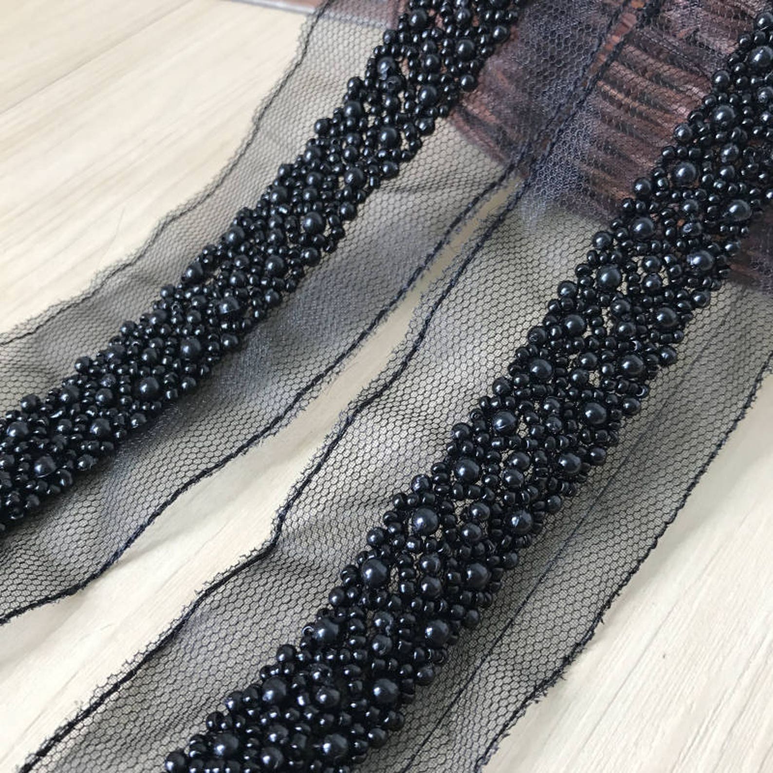 Black Beaded Lace Trim With Mesh Pearl Rhinestone Trim Lace Etsy