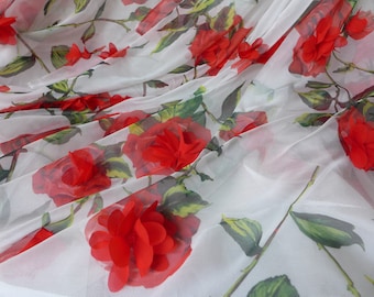 Tissu en mousseline de soie avec rosaces 3D en mousseline de soie, tissu floral rose imprimé par mètre, tissu pour robe de mariée aux couleurs vives