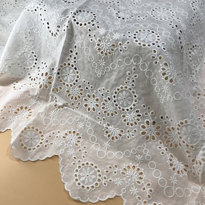 Vintage Embroidered Lace Fabric, Cotton Fabric with Scalloped Edge, Eyelet Floral Cotton Lace Fabric By The Yard 51" Width