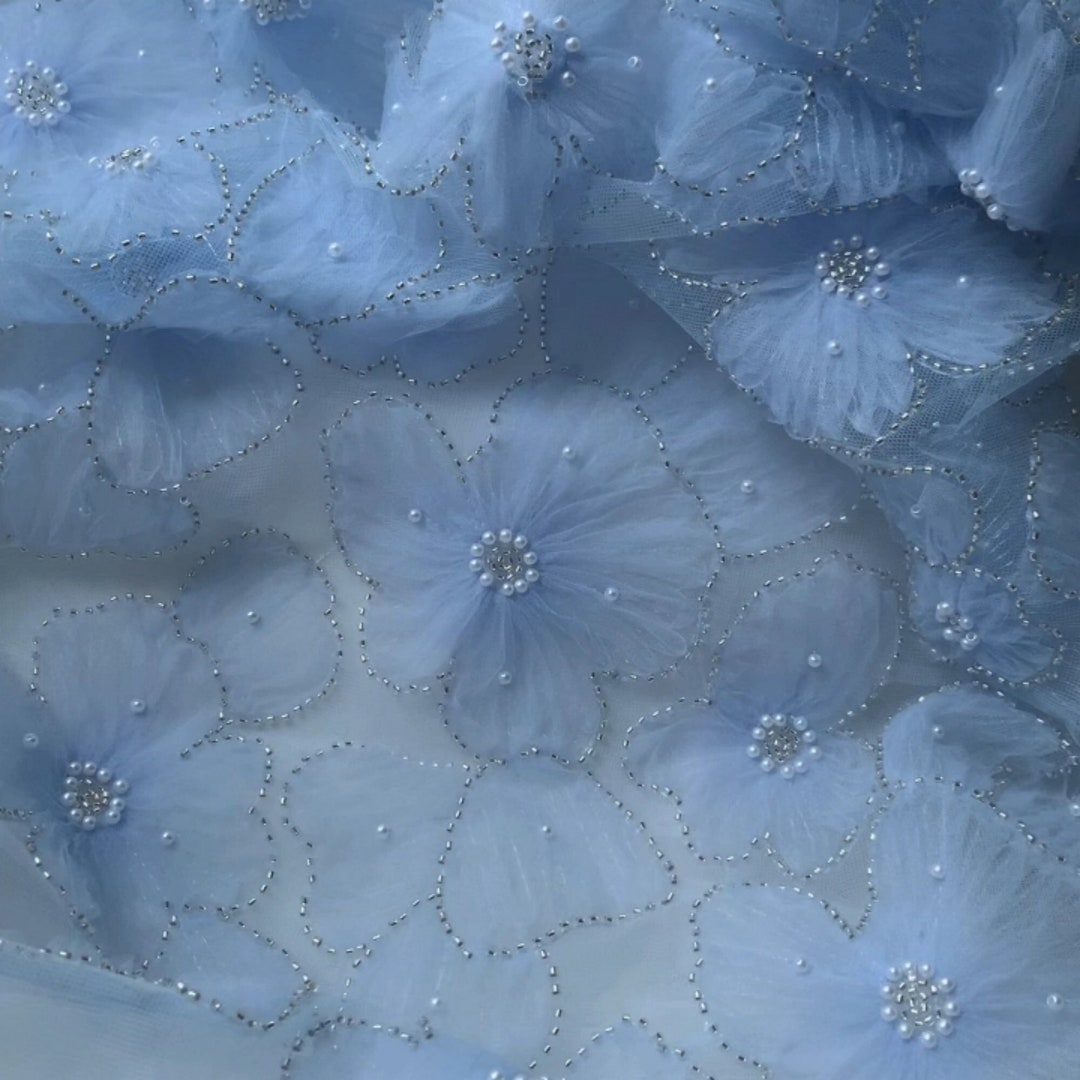 Fairy Blue 3d Floral Embroidery Lace Fabric, Pearl Beaded Lace Fabric ...