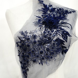 Navy/ Black Lace Applique, Sequins Lace Applique, 3D Floral Lace Applique with Beaded Sequins, Bridal Applique, Wedding Gown Applique