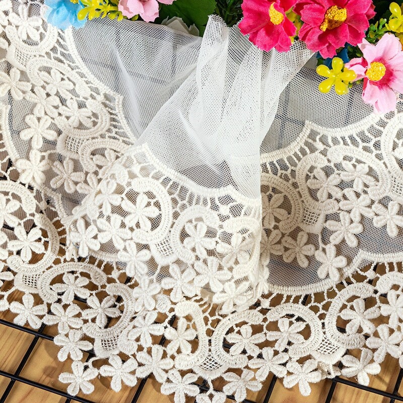 Beautiful Embroidered Floral Lace Trim, Cotton Guipure Tulle Lace Trim for Bridal Dress, Veils, Tablecloth, Costume Design, Trims for Sewing