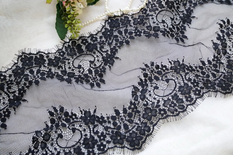 Nuevo ribete de encaje chantilly en negro francés flores ...