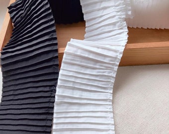 High Quality Off white/Black Ruffle Trim, Pleated Chiffon Trim For Baby Girl Clothes, Dress Sleeve, Cuffs, Uniform Decoration