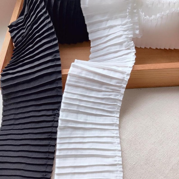 High Quality Off white/Black Ruffle Trim, Pleated Chiffon Trim For Baby Girl Clothes, Dress Sleeve, Cuffs, Uniform Decoration