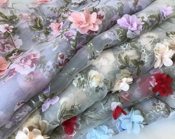 Transparent Organza Printed Fabric with 3D Rose Chiffon Flower Trim for Wedding Dress, Couture Design, Spring Dress, Hot Sale