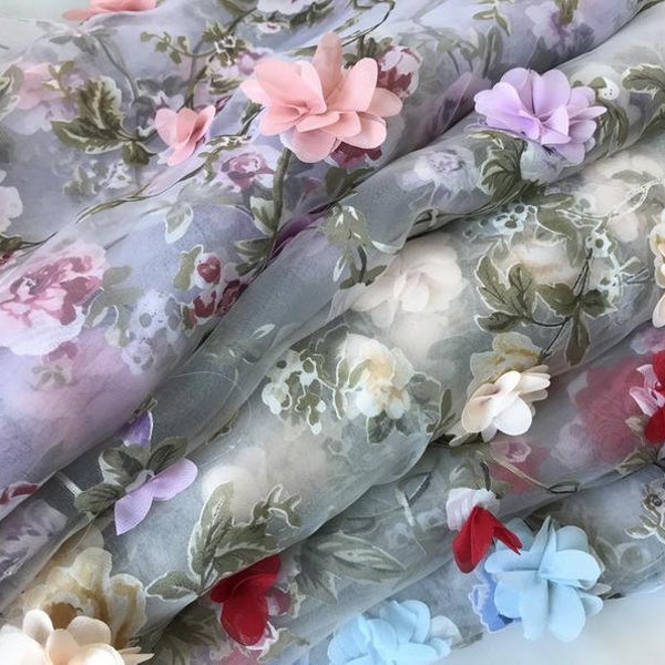 Tissu imprimé organza transparent avec bordure fleurie en mousseline de soie rose 3D pour robe de mariée, création couture, robe de printemps, offre spéciale