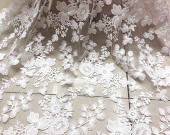 White Wedding Lace Fabric, Vivid Floral Embroidery Lace Fabric, Bridal Embroidered Mesh Lace Fabric 49.2" Wide By the Yard