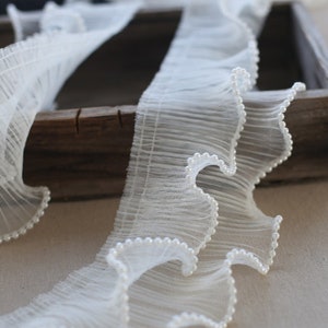 Pleated lace trim with beaded pearls, ruffle tulle lace, ruffle beaded lace trim, dress edge lace 3.9&quot; wide sold by the yard