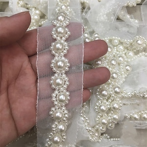 Off white Perlen Perlen Blumen Muster Spitzenbesatz, Perlen Tüll Spitze für Schärpe, Gürtel, Kragen, Brautschmuck, Kleid Dekor