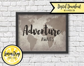 Adventure Awaits | World Map Wall Art | Nursery Wall Decor | Rustic Nursery | Woodland Nursery | Boy Wall Décor | Digital Download