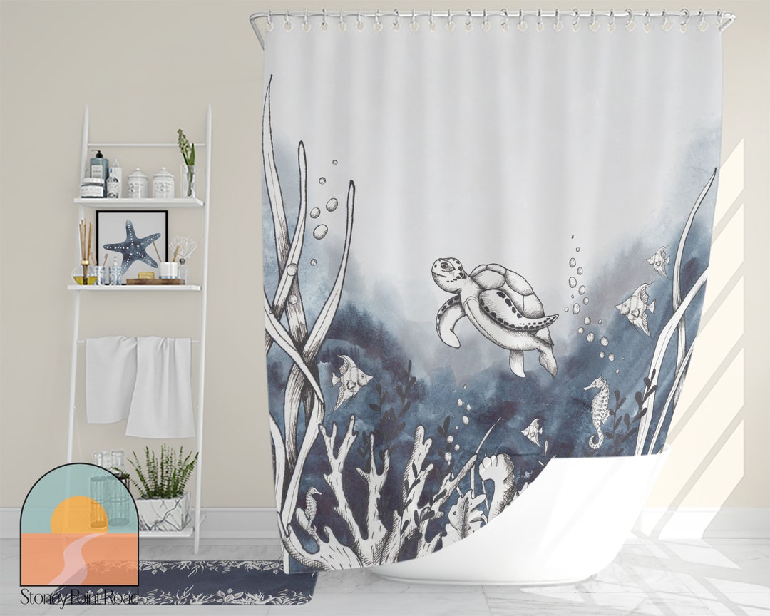 Sea Life Shower Curtain Coastal Decor Bathroom Decor Sea Etsy