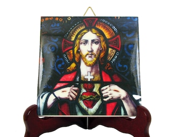The Sacred Heart of Jesus devotional icon on tile - religious gift idea - handmade in Italy - catholic art - Jesus Christ wall hanging
