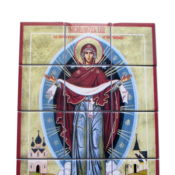 Theotokos Virgin Mary Tile Mural: Handmade Christian Orthodox Icon