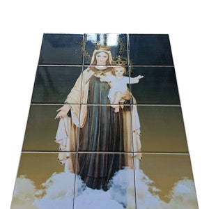 Virgin Mary Art - Religious wall art - Our Lady of Mount Carmel - Tile Mural - Virgin of Carmel - Religious gift - Catholic Wall Art