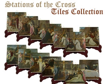 Stations of the Cross - ceramic tiles collection - religious art - Via Crucis wall art - catholic cross 2 sizes available - Via Dolorosa
