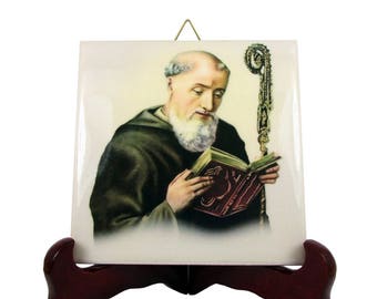 Saint Benedict of Nursia collectible ceramic tile - St Benedict - catholic icon - religious gift handmade in Italy - christian wall art