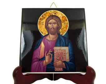Christian art - Christ the Redeemer icon on ceramic tile - Jesus icon - christian gifts - inspired by an orthodox icon - Christian gift idea