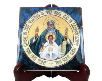 The Holy Trinity Christian icon on ceramic tile - Christian gift handmade - Holy Trinity Icon - Christian art - byzantine icon - holy gifts