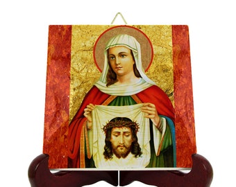 St Veronica - christian saints serie - icon on ceramic tile - catholic handmade - catholic saints - Saint Veronica with Veil - Holy Shroud
