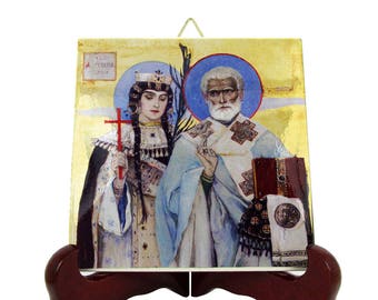 Queen Alexandra & St Nicholas Tile Icon - Handmade Orthodox Art