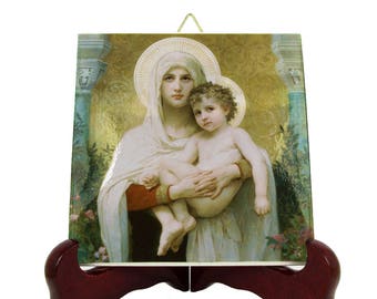 Bouguereau - Madonna of the Roses - Virgin Mary icon on ceramic tile - Religious gifts - Virgin and Child - catholic art handmade in Italy