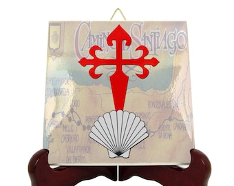Camino de Santiago symbols seashell and St James Cross ceramic tile collectible memorabilia catholic gift religious Way of St. James