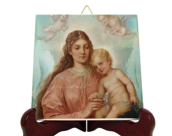 Catholic gifts - Virgin and Child with Angels by Hans Zatzka - religious icon on tile - Madonna and Child - religious art - faith - devotion