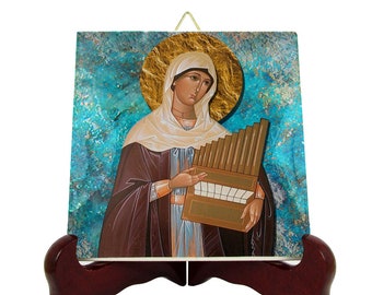 Saint Cecilia icon on ceramic tile - handmade in Italy - catholic saints serie - St Cecilia icon - St Cecilia art - gift for musician