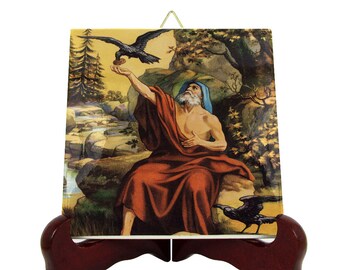 Saint Elijah and Ravens Ceramic Tile Icon - Handmade in Italy