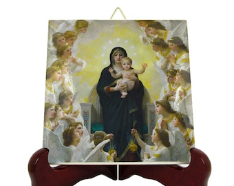 Catholic gifts - The Virgin with Angels  - religious icon on ceramic tile handmade in Italy - Virgin Mary icon - Our Lady of Angels - faith