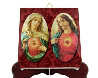 Catholic Art - Sacred Heart of Jesus and Virgin Mary - religious icon on tile - religious plaque handmade in Italy - Jesus and Mary Art