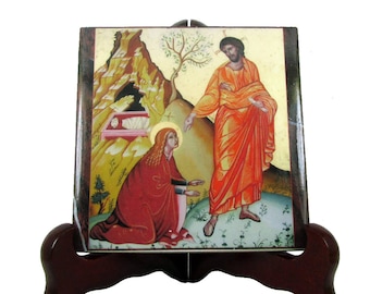 Christian gifts - Noli me tangere - Jesus and St Mary Magdalen - Christian icon on tile - catholic gifts - christian art - St Mary Magdalene