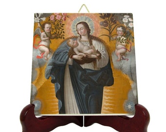 Catholic icon on tile - Virgin and Child - Spanish Colonial School - Religious icons - Mother Mary art - Religious art - Holy gifts