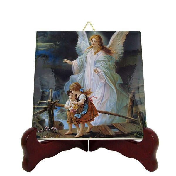 The Guardian Angel with children over the bridge - Baptism gift - collectible ceramic tile - Angel art - Baptism favor - Christening favor