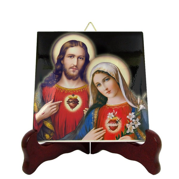 Sacred Heart of Jesus and Immaculate Heart of Mary - catholic art - ceramic icon - religious gifts handmade in Italy - Jesus and Mary