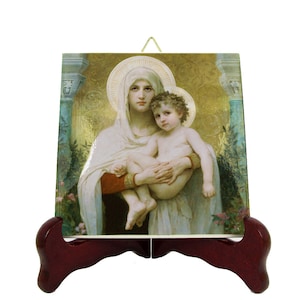 Bouguereau - Madonna of the Roses - Virgin Mary icon on ceramic tile - Religious gifts - Virgin and Child - catholic art handmade in Italy