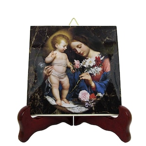 Virgin of the Lily - Catholic gifts - religious icon on tile - Virgin Mary art - religious painting by Carlo Dolci - Catholic art - devotion