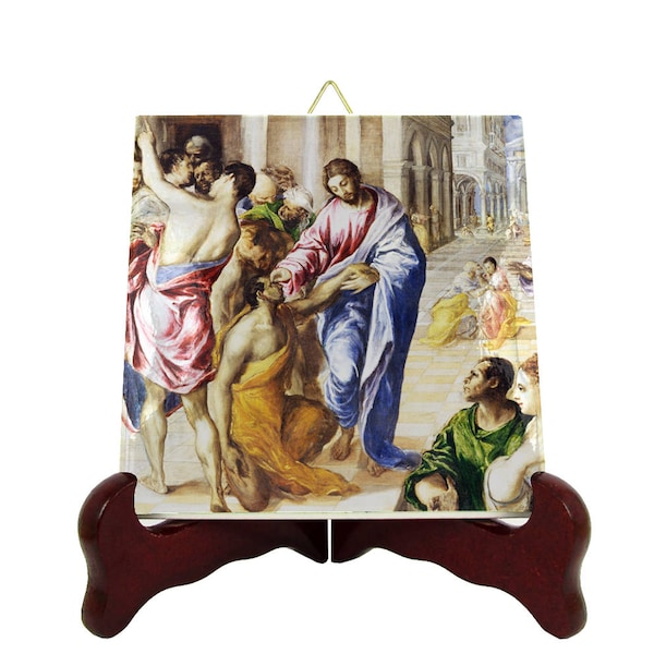 Christian decor - Christ healing the blind - religious wall art - catholic icon on tile - from a painting by El Greco - devotional item