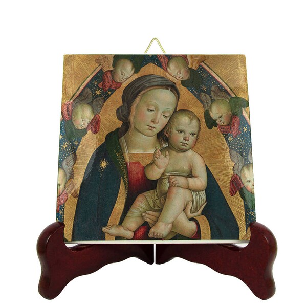 Religious art - Virgin and Child in a Mandorla with Cherubim - religious icon on ceramic tile - italian art - art from Italy Virgin Mary art