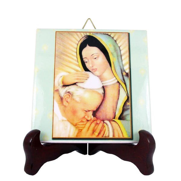 Religious gifts - Our Lady of Guadalupe with Saint Pope John Paul II - handmade ceramic tile - Virgin of Guadalupe - Saint John Paul II